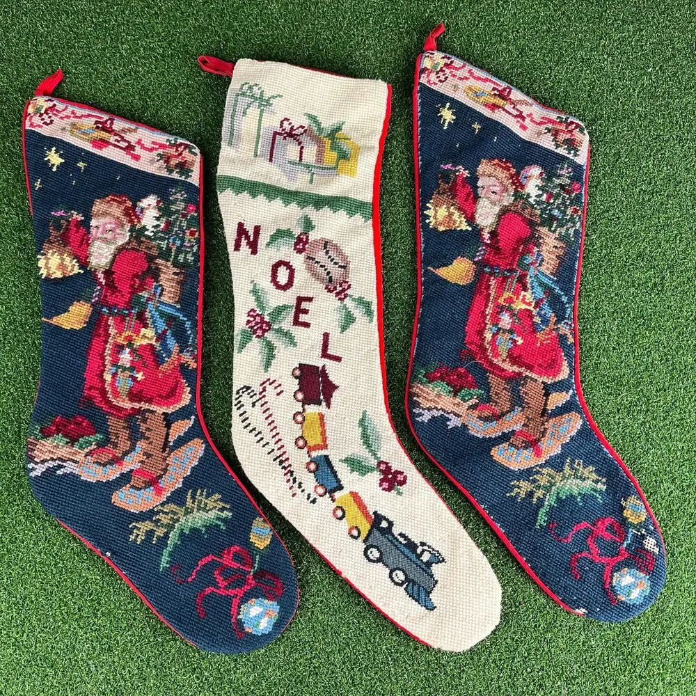 Vintage Handcrafted Needlepoint Christmas Stockings Set of 3 Holiday Decor